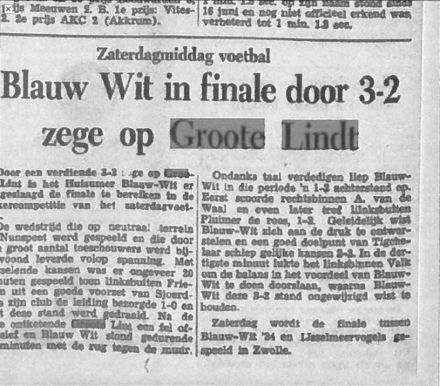 Leeuwarder Courant: Blauw Wit in finale door 3-2 zege op Groote Lindt (8 juli 1957)