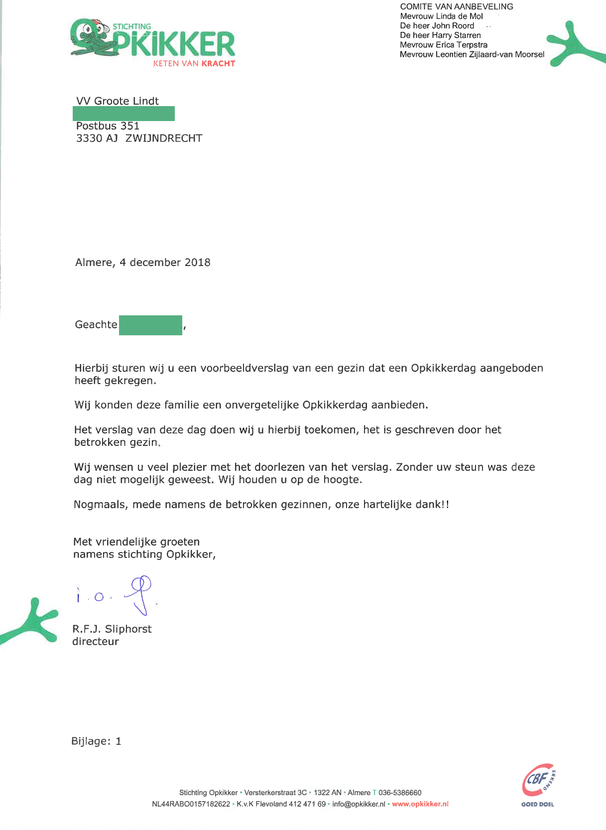 Bedankje van Stichting Opkikker